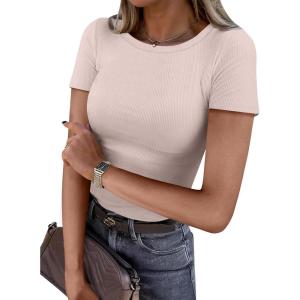 image:imageANRABESS Women Short Sleeve Crewneck Ribbed Knit Slim Fitted Shirts Summer Tops Basic Tee Casual 2026 Spring Outfits ClothesApricot