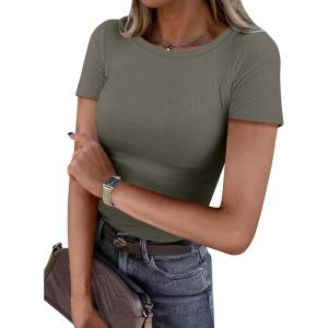 image:imageANRABESS Women Short Sleeve Crewneck Ribbed Knit Slim Fitted Shirts Summer Tops Basic Tee Casual 2026 Spring Outfits ClothesArmy Green