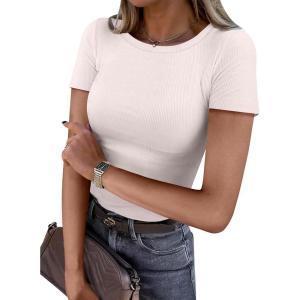 image:imageANRABESS Women Short Sleeve Crewneck Ribbed Knit Slim Fitted Shirts Summer Tops Basic Tee Casual 2026 Spring Outfits ClothesBeige