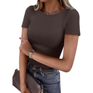 image:imageANRABESS Women Short Sleeve Crewneck Ribbed Knit Slim Fitted Shirts Summer Tops Basic Tee Casual 2026 Spring Outfits ClothesBrown