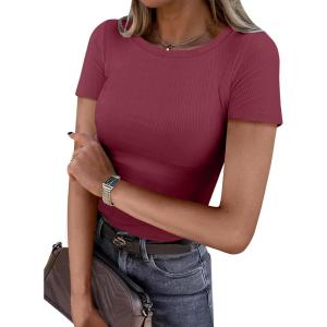 image:imageANRABESS Women Short Sleeve Crewneck Ribbed Knit Slim Fitted Shirts Summer Tops Basic Tee Casual 2026 Spring Outfits ClothesBurgundy