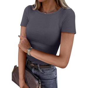 image:imageANRABESS Women Short Sleeve Crewneck Ribbed Knit Slim Fitted Shirts Summer Tops Basic Tee Casual 2026 Spring Outfits ClothesCharcoal
