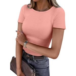 image:imageANRABESS Women Short Sleeve Crewneck Ribbed Knit Slim Fitted Shirts Summer Tops Basic Tee Casual 2026 Spring Outfits ClothesCoral
