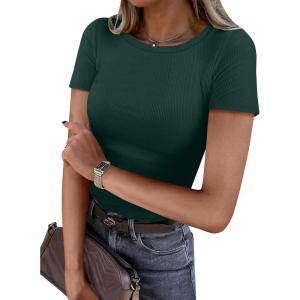 image:imageANRABESS Women Short Sleeve Crewneck Ribbed Knit Slim Fitted Shirts Summer Tops Basic Tee Casual 2026 Spring Outfits ClothesForest Green