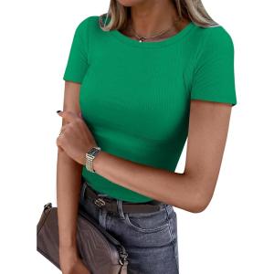 image:imageANRABESS Women Short Sleeve Crewneck Ribbed Knit Slim Fitted Shirts Summer Tops Basic Tee Casual 2026 Spring Outfits ClothesGreen