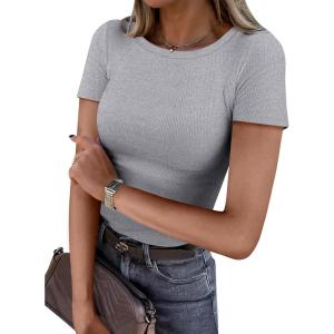 image:imageANRABESS Women Short Sleeve Crewneck Ribbed Knit Slim Fitted Shirts Summer Tops Basic Tee Casual 2026 Spring Outfits ClothesGrey