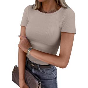 image:imageANRABESS Women Short Sleeve Crewneck Ribbed Knit Slim Fitted Shirts Summer Tops Basic Tee Casual 2026 Spring Outfits ClothesLight Khaki