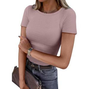 image:imageANRABESS Women Short Sleeve Crewneck Ribbed Knit Slim Fitted Shirts Summer Tops Basic Tee Casual 2026 Spring Outfits ClothesNutmeg