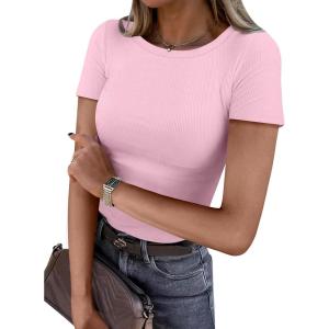 image:imageANRABESS Women Short Sleeve Crewneck Ribbed Knit Slim Fitted Shirts Summer Tops Basic Tee Casual 2026 Spring Outfits ClothesPink