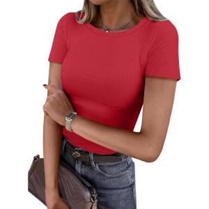 image:imageANRABESS Women Short Sleeve Crewneck Ribbed Knit Slim Fitted Shirts Summer Tops Basic Tee Casual 2026 Spring Outfits ClothesRed