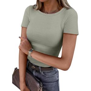 image:imageANRABESS Women Short Sleeve Crewneck Ribbed Knit Slim Fitted Shirts Summer Tops Basic Tee Casual 2026 Spring Outfits ClothesSage Green