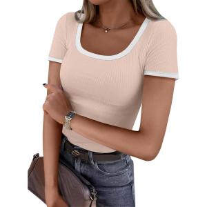 image:imageANRABESS Women Short Sleeve Tops Square Neck Ribbed Knit Color Block T Shirts Fitted Casual Summer 2026 Trendy Basic TeesApricot