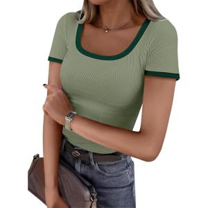 image:imageANRABESS Women Short Sleeve Tops Square Neck Ribbed Knit Color Block T Shirts Fitted Casual Summer 2026 Trendy Basic TeesArmy Green