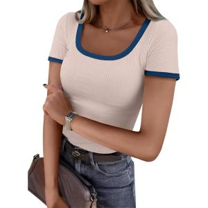 image:imageANRABESS Women Short Sleeve Tops Square Neck Ribbed Knit Color Block T Shirts Fitted Casual Summer 2026 Trendy Basic TeesBeige