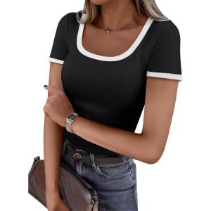 image:imageANRABESS Women Short Sleeve Tops Square Neck Ribbed Knit Color Block T Shirts Fitted Casual Summer 2026 Trendy Basic TeesBlack