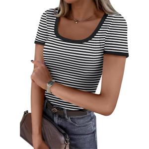 image:imageANRABESS Women Short Sleeve Tops Square Neck Ribbed Knit Color Block T Shirts Fitted Casual Summer 2026 Trendy Basic TeesBlack White Stripe