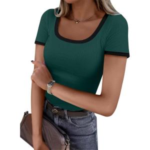 image:imageANRABESS Women Short Sleeve Tops Square Neck Ribbed Knit Color Block T Shirts Fitted Casual Summer 2026 Trendy Basic TeesDeep Green