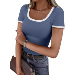 image:imageANRABESS Women Short Sleeve Tops Square Neck Ribbed Knit Color Block T Shirts Fitted Casual Summer 2026 Trendy Basic TeesDusty Blue