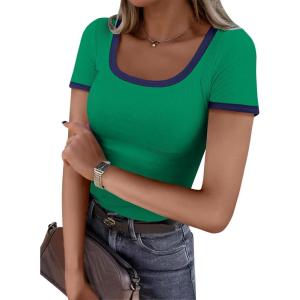 image:imageANRABESS Women Short Sleeve Tops Square Neck Ribbed Knit Color Block T Shirts Fitted Casual Summer 2026 Trendy Basic TeesGreen