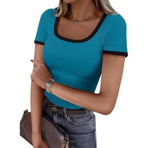image:imageANRABESS Women Short Sleeve Tops Square Neck Ribbed Knit Color Block T Shirts Fitted Casual Summer 2026 Trendy Basic TeesLake Blue