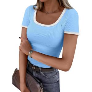 image:imageANRABESS Women Short Sleeve Tops Square Neck Ribbed Knit Color Block T Shirts Fitted Casual Summer 2026 Trendy Basic TeesLight Blue