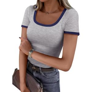image:imageANRABESS Women Short Sleeve Tops Square Neck Ribbed Knit Color Block T Shirts Fitted Casual Summer 2026 Trendy Basic TeesLight Grey