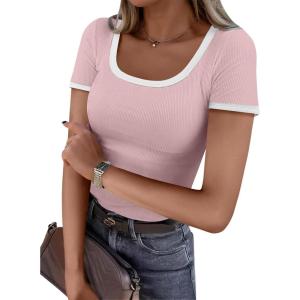 image:imageANRABESS Women Short Sleeve Tops Square Neck Ribbed Knit Color Block T Shirts Fitted Casual Summer 2026 Trendy Basic TeesLight Pink