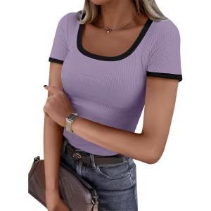 image:imageANRABESS Women Short Sleeve Tops Square Neck Ribbed Knit Color Block T Shirts Fitted Casual Summer 2026 Trendy Basic TeesLight Purple