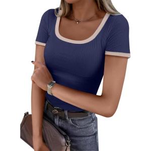 image:imageANRABESS Women Short Sleeve Tops Square Neck Ribbed Knit Color Block T Shirts Fitted Casual Summer 2026 Trendy Basic TeesNavy Blue