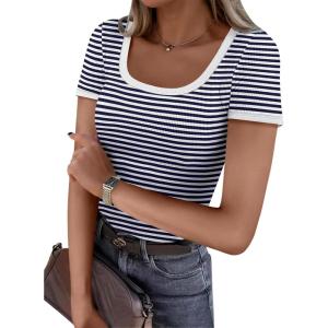 image:imageANRABESS Women Short Sleeve Tops Square Neck Ribbed Knit Color Block T Shirts Fitted Casual Summer 2026 Trendy Basic TeesNavy White Stripe