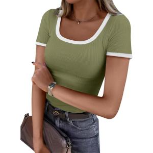 image:imageANRABESS Women Short Sleeve Tops Square Neck Ribbed Knit Color Block T Shirts Fitted Casual Summer 2026 Trendy Basic TeesOlive