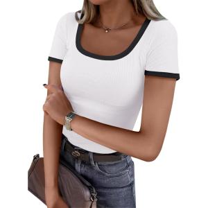 image:imageANRABESS Women Short Sleeve Tops Square Neck Ribbed Knit Color Block T Shirts Fitted Casual Summer 2026 Trendy Basic TeesWhite