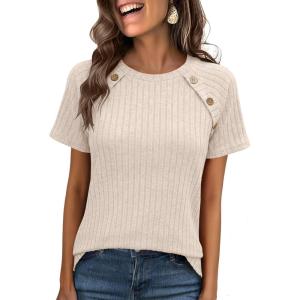 image:imageANRABESS Women Short Sleeve Tops Summer Sweater 2026 Dressy Shirts Business Casual Tunic Blouses Trendy Work ClothesLight Khaki