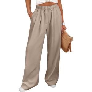 image:imageANRABESS Women Wide Leg Linen Palazzo Pants Casual Elastic Waist Drawstring Flowy Loose Beach Travel Trousers with PocketsBeige