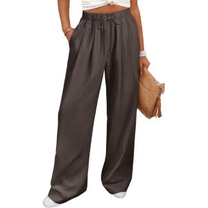 image:imageANRABESS Women Wide Leg Linen Palazzo Pants Casual Elastic Waist Drawstring Flowy Loose Beach Travel Trousers with PocketsBrown