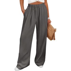 image:imageANRABESS Women Wide Leg Linen Palazzo Pants Casual Elastic Waist Drawstring Flowy Loose Beach Travel Trousers with PocketsDark Gray