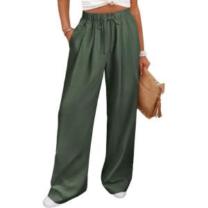 image:imageANRABESS Women Wide Leg Linen Palazzo Pants Casual Elastic Waist Drawstring Flowy Loose Beach Travel Trousers with PocketsGreen