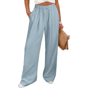 image:imageANRABESS Women Wide Leg Linen Palazzo Pants Casual Elastic Waist Drawstring Flowy Loose Beach Travel Trousers with PocketsLight Blue