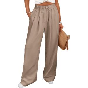 image:imageANRABESS Women Wide Leg Linen Palazzo Pants Casual Elastic Waist Drawstring Flowy Loose Beach Travel Trousers with PocketsLight Khaki