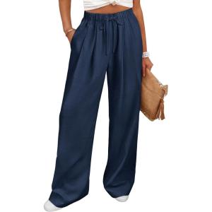 image:imageANRABESS Women Wide Leg Linen Palazzo Pants Casual Elastic Waist Drawstring Flowy Loose Beach Travel Trousers with PocketsNavy Blue