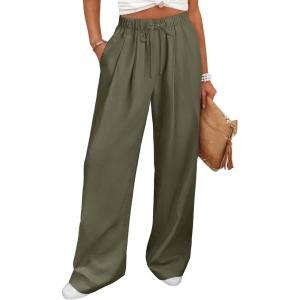 image:imageANRABESS Women Wide Leg Linen Palazzo Pants Casual Elastic Waist Drawstring Flowy Loose Beach Travel Trousers with PocketsOlive Green