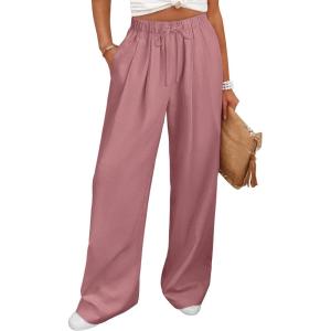 image:imageANRABESS Women Wide Leg Linen Palazzo Pants Casual Elastic Waist Drawstring Flowy Loose Beach Travel Trousers with PocketsPink