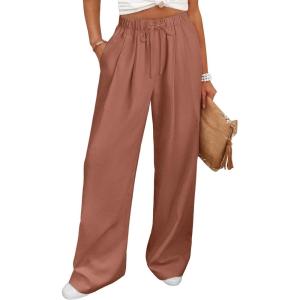 image:imageANRABESS Women Wide Leg Linen Palazzo Pants Casual Elastic Waist Drawstring Flowy Loose Beach Travel Trousers with PocketsRust Red