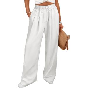 image:imageANRABESS Women Wide Leg Linen Palazzo Pants Casual Elastic Waist Drawstring Flowy Loose Beach Travel Trousers with PocketsWhite