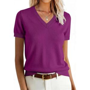 image:imageANRABESS Women Wool Blend Sweater Summer 2026 Short Sleeve V Neck Pullover Top Business Casual Outfit Beach Vacation ClothesDeep Hot Pink