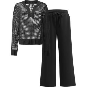 image:imageANRABESS Womens 2 Piece Outfits 2026 Spring Crochet Half Zip Sweater Top Wide Leg Pant Travel Matching Sets Lounge ClothesBlack