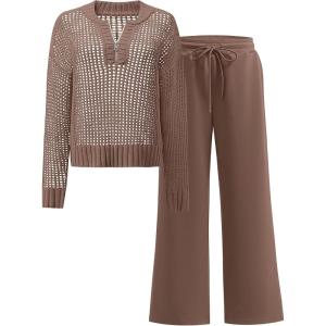 image:imageANRABESS Womens 2 Piece Outfits 2026 Spring Crochet Half Zip Sweater Top Wide Leg Pant Travel Matching Sets Lounge ClothesBrown