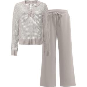 image:imageANRABESS Womens 2 Piece Outfits 2026 Spring Crochet Half Zip Sweater Top Wide Leg Pant Travel Matching Sets Lounge ClothesLight Khaki