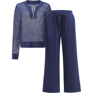 image:imageANRABESS Womens 2 Piece Outfits 2026 Spring Crochet Half Zip Sweater Top Wide Leg Pant Travel Matching Sets Lounge ClothesNavy Blue