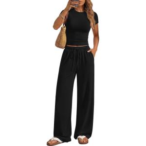 image:imageANRABESS Womens 2 Piece Summer Matching Lounge Sets Wide Leg Pants Ruched Crop Tops Sweatsuits Sets Spring Travel ClothesBlack